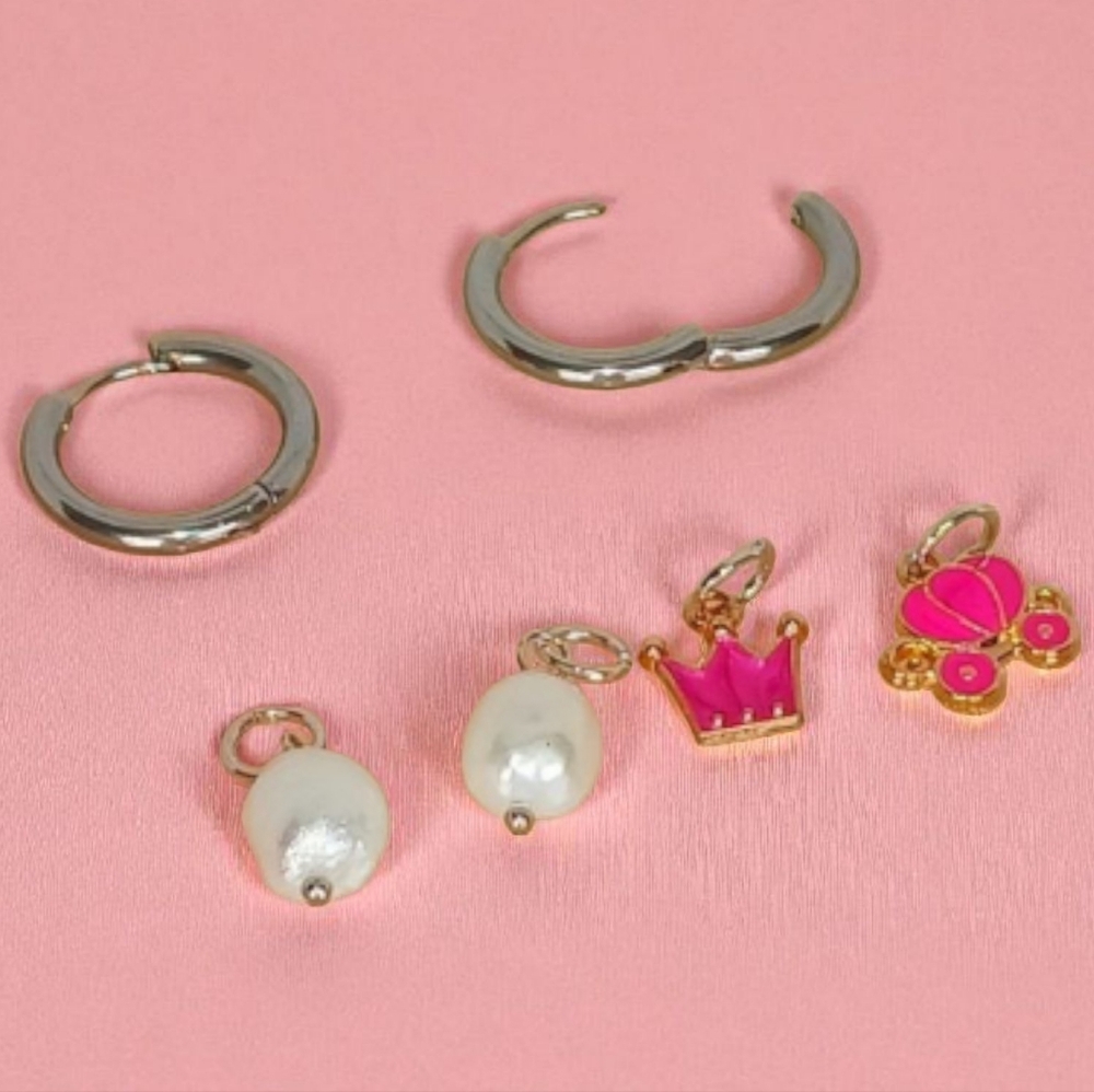 Silver Hoops Interchangable Pearl & Hot Pink Enamel Charms Mod 1960s Dopamine